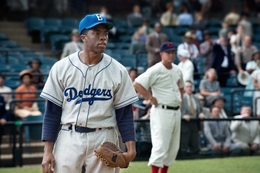 Chadwick Boseman as Jackie Robinson in "42"