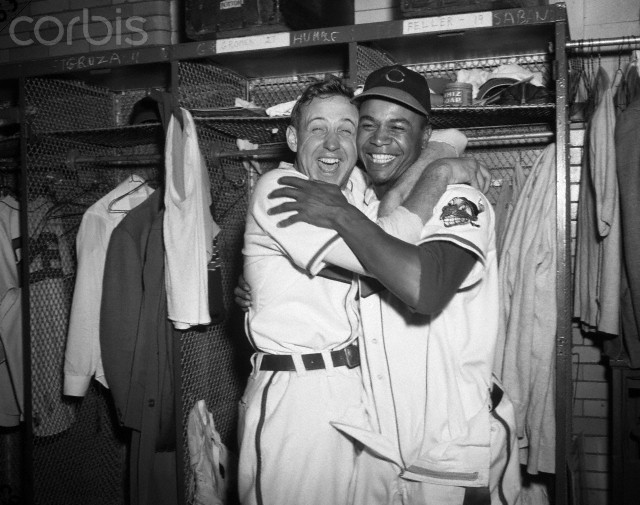 Larry Doby and Indians pitcher Steve Gromek celebrate winning game 4 of the 1948 World Series